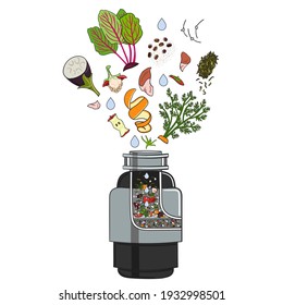 Food Waste Disposer For Kitchen Sink With Kitchen Scraps Falling Into It. Home Garbage Disposal. Recycling Organic Waste. Sustainable Living, Zero Waste Concept. Hand Drawn Vector Illustration. 