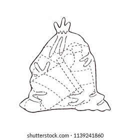Food waste doodle concept design. Trash bag full of rejected food. Vector illustration. Outline drawing. 