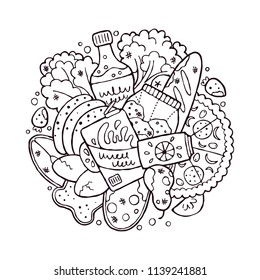 Food waste doodle concept design. Rotten food, leftovers and rejected food. Vector illustration. Outline drawing. Raising awareness and zero food waste promotion.