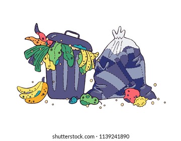 Food waste doodle concept design. Trash bag and trash bil full of rejected food. Vector illustration. 