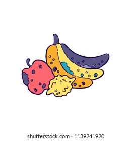 Food waste doodle concept design. Rotten food, leftovers and rejected food. Vector illustration. Bruised bananas, ugly lemon and rotten apple.