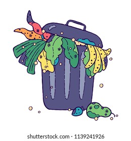 Food waste doodle concept design. Rotten food, leftovers and rejected food in a trash bin. Vector illustration. Raising awareness and zero food waste promotion.