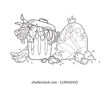 Food waste doodle concept design. Trash bag and trash bil full of rejected food. Vector illustration. Outline drawing. 