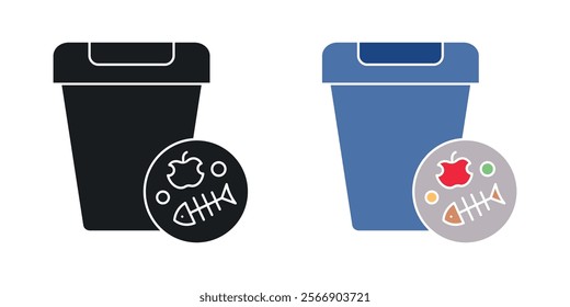 Food waste icon set in black and colored