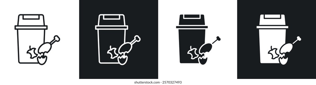 Food waste icons vectors set in black. line and flat versions