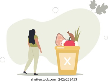 food waste into a trash bin and thinking how to reducing it. Zero waste concept.flat vector illustration.