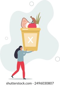 food waste into a trash bin and thinking how to reducing it. Zero waste concept.flat design.illustration with people.