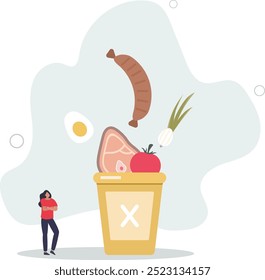 food waste into a trash bin and thinking how to reducing it. Zero waste concept.flat design with people.