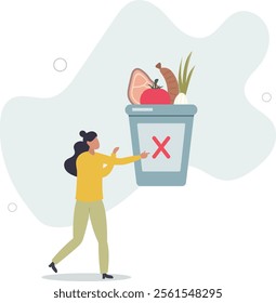 food waste into a trash bin and thinking how to reducing it. Zero waste concept.flat characters.