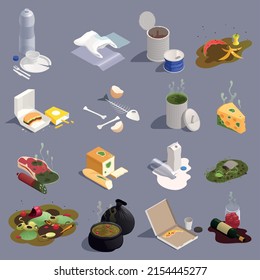 Food waste isometric set with expired rotten products leftovers plastic debris isolated on color background 3d vector illustration