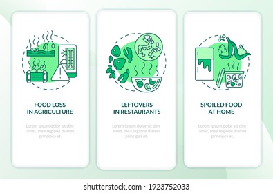 Food waste kinds onboarding mobile app page screen with concepts. Agricultural loss, leftovers walkthrough 3 steps graphic instructions. UI vector template with RGB color illustrations
