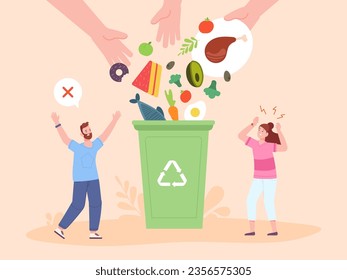 Food waste leftovers. Bad attitude to environment and foods wastage problem, hands throw organic trash plate in bin container, separated garbage vector illustration of food environmental garbage