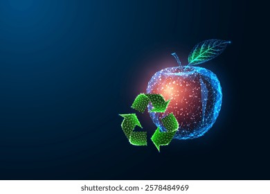 Food waste management concept with futuristic wireframe apple and recycling symbol on dark blue background. Sustainable practices and lifestyle. Abstract glowing polygonal style vector illustration