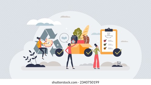 Food waste management and grocery leftovers separation tiny person concept. Garbage recycling with green and nature friendly lifestyle to reduce organic rubbish, trash and litter vector illustration.