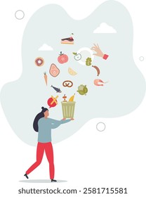 Food waste and meal leftovers garbage reduce awareness.Throw away groceries in trash after shelf life end .Bad attitude to environment and nature resources.flat characters.