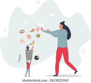 Food waste and meal leftovers garbage reduce awareness.Throw away groceries in trash after shelf life end . character life .