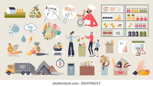 Food waste objects with kitchen leftovers and scraps tiny person collection set. Compost your fruit and vegetables to reduce organic trash vector illustration. Environmental landfill management.