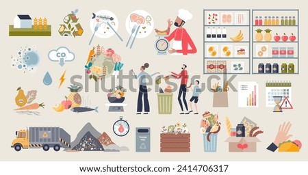 Food waste objects with kitchen leftovers and scraps tiny person collection set. Compost your fruit and vegetables to reduce organic trash vector illustration. Environmental landfill management.
