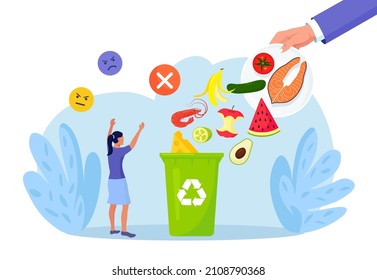 Food waste problem and composting meal leftover. People throw away groceries in trash after shelf life. Сonsumerism lifestyle reduction with responsible rubbish management attitude. Vector design