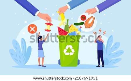 Food waste problem and composting meal leftover. People throw away groceries in trash after shelf life. Сonsumerism lifestyle reduction with responsible rubbish management attitude. Vector design [[stock_photo]] © 