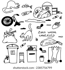 Food waste problem set of elements with lettering zero waste carelessly and undomestic cats.  Garbage left around. Doodle vector design isolated on white background.