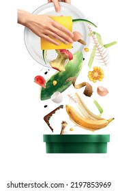 Food waste realistic composition with set of food scraps being sponged out of plate into bin vector illustration