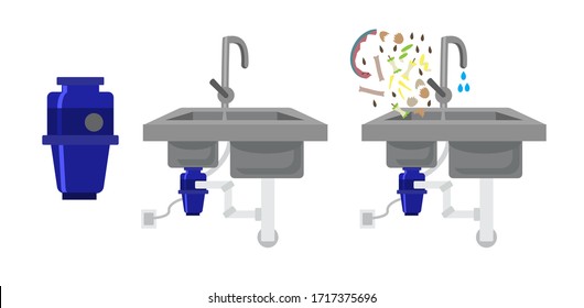 Food Waste Recycler. Kitchen Sink With Food Waste Disposer Connected To Electric Socket And Plumbing Pipes. Organic Waste Falls Into The Sink With The Water. Vector Illustration. Garbage Disposal.