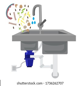 Food waste recycler. Kitchen sink with food waste disposer connected to electric socket and plumbing pipes. Organic waste falls into the sink with the water. Vector illustration. Garbage disposal.