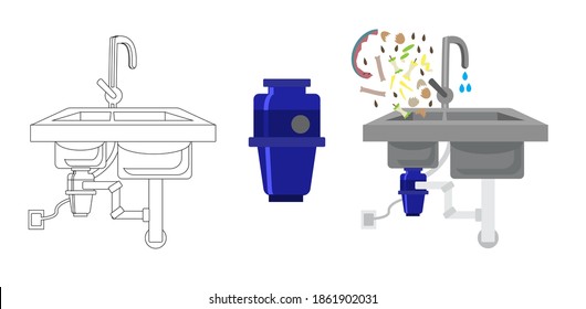 Food waste recycler. Kitchen sink with food waste disposer connected to electric socket and plumbing pipes. Organic waste falls into the sink with the water. Vector illustration. Garbage disposal.