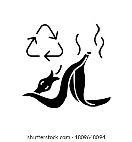 Food waste recycling black glyph icon. Zero waste, responsible consumption silhouette symbol on white space. Sorting and recycling leftovers. Banana peel and apple core vector isolated illustration