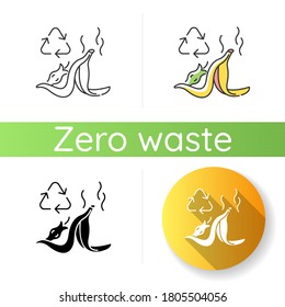 Food waste recycling icon. Linear black and RGB color styles. Zero waste, responsible consumption. Sorting and recycling leftovers. Banana peel and apple core Isolated vector illustrations