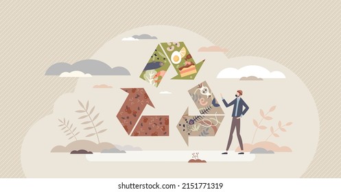 Food waste recycling and nature friendly junk composting tiny person concept. Grocery leftovers dispose with bio degradable and zero waste management vector illustration. Trash composting process.