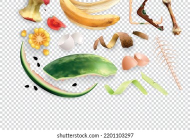 Food waste set with isolated realistic images of food scraps and organic leftovers on transparent background vector illustration