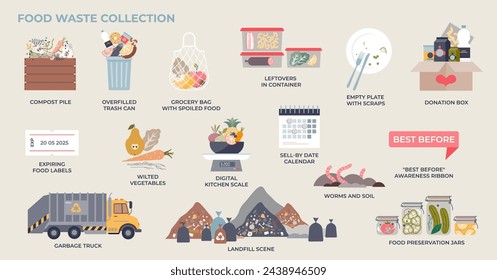 Food waste and sustainable garbage or trash management tiny collection set. Labeled elements with landfill scene, compost pile with leftovers and biodegradable kitchen scraps vector illustration.