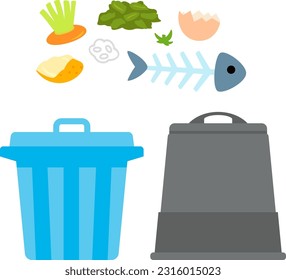 Food waste, trash cans and compost containers