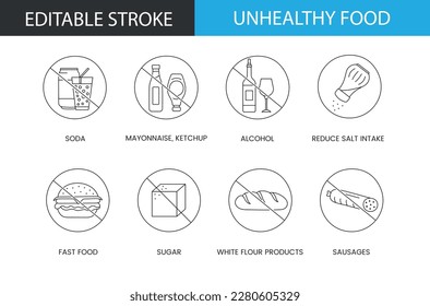 Residuos alimentarios o alimentos insalubres, ícono de línea en vectores, ilustración de soda y mayonesa, ketchup y alcohol, reducción de la ingesta de sal y comida rápida, azúcar y productos de harina blanca. Trazo editable