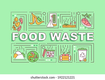 Food waste word concepts banner. Types of organics waste. Contact your waste hauler. Infographics with linear icons on green background. Isolated typography. Vector outline RGB color illustration