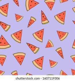 Food watermelon pieces seamless pattern in red blue green colors for package design, web, fabric, wrapping paper, gifts. Watermelon wallpaper for background in trendy cute hand drawn style