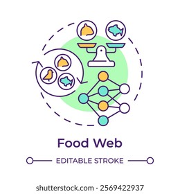 Food web multi color concept icon. Complex network of interconnected food chains. Ecological balance. Round shape line illustration. Abstract idea. Graphic design. Easy to use in article