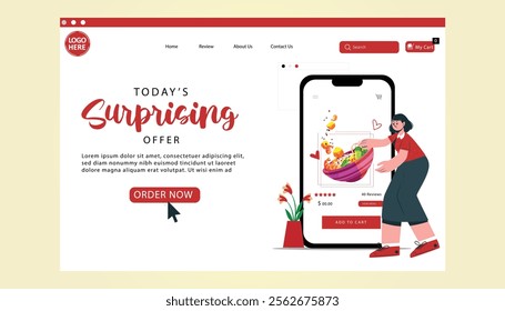 Food  Website Landing Page .Web page design template for fresh vegetables, organic food, natural products, online food ordering, recipes. Vector illustration for poster, banner, 