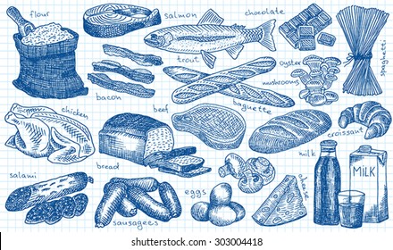 food, wheat, loaf, baguette, bread, chicken, salami, sausage, milk, beef, ham, cheese, trout, eggs, chocolate, champignons, oyster mushrooms, flour, spaghetti, croissant, salmon, bacon notebook sheet 