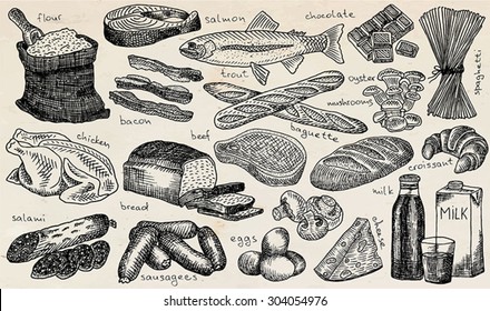 food, wheat, loaf, baguette, bread, chicken, salami, sausage, milk, beef, ham, cheese, trout, eggs, chocolate, champignons, oyster mushrooms, flour, spaghetti, croissant, salmon, bacon