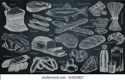 food, wheat, loaf, baguette, bread, chicken, salami, sausage, milk, beef, ham, cheese, trout, eggs, chocolate, champignons, mushrooms, flour, spaghetti, croissant, salmon, bacon, chalkboard background