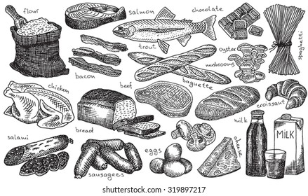 food, wheat, loaf, baguette, bread, chicken, salami, sausage, milk, beef, ham, cheese, trout, eggs, chocolate, champignons, oyster mushrooms, flour, spaghetti, croissant, salmon, bacon