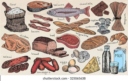 food, wheat, loaf, baguette, bread, chicken, salami, sausage, milk, beef, ham, cheese, trout, eggs, chocolate, champignon, oyster mushrooms, flour, spaghetti, croissant, salmon, bacon