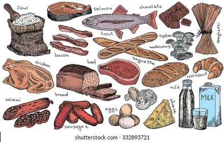 food, wheat, loaf, baguette, bread, chicken, salami, sausage, milk, beef, ham, cheese, trout, eggs, chocolate, champignon, oyster mushrooms, flour, spaghetti, croissant, salmon, bacon, chalkboard