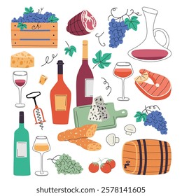 Food for wine. Different snacks suitable for white and red wine, Italian, French and Mediterranean cuisine, cheeses and fruits, vector set