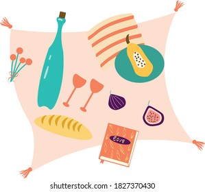 food, wine and flowers. Picnic party concept. Reusable textile shopper with fruits, vegetables, flowers. Zero waste, plastic free, eco lifes. Flat cartoon summer illustration. Vector elements