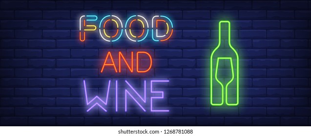 Food and wine neon text with bottle and glass silhouettes. Restaurant, cafe or bar advertisement design. Night bright neon sign, colorful billboard, light banner. Vector illustration in neon style.