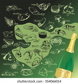 Food and wine pairing: vector symbols showing food matching to a white, red or sparkling wine. Icons can be moved around to suit a particular wine